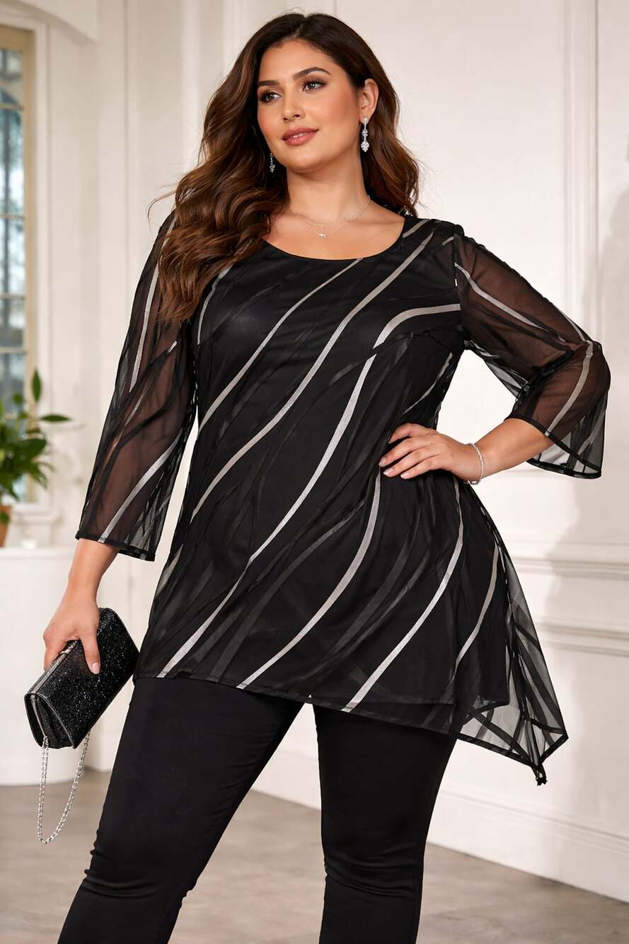 Eva Blue Plus Black Sheer Overlay Blouse Asymmetrical Hem‎ Size L